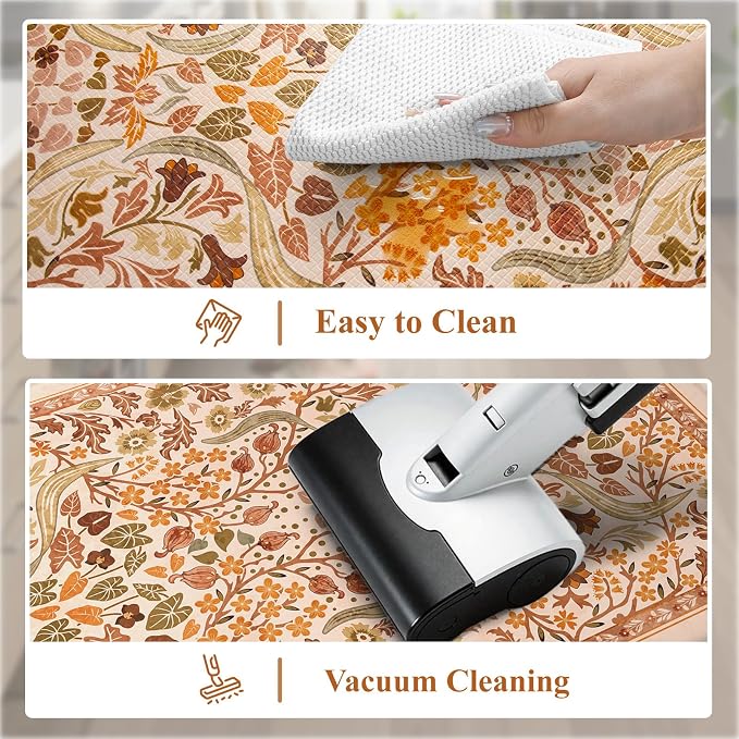 Collive Anti Fatigue Mats for Kitchen Floor, Orange Fall Floral Kitchens Rugs 2 Piece Cushioned Non Slip Carpet, Comfort Standing Mat Waterproof Sink Carpets for or Bedroom, Laundry, Home Decor