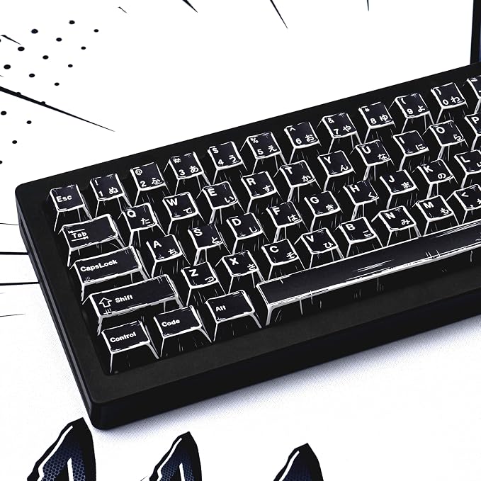 Black Japanese Manga Keycaps, Custom PBT Dye Sublimation Key caps 130 Keys, Cherry Profile Keycap Set Fit for 61/64/87/104/108 Cherry MX Switches Mechanical Keyboard