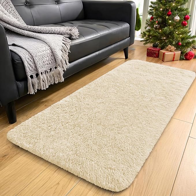 OLANLY 2x6 Machine Washable Runner Rugs for Hallway, Soft Fluffy Shaggy Bedside Rugs for Bedroom, Living Room, Indoor Floor Carpet for Kids Girls and Boys, Home Decor Aesthetic, Cream