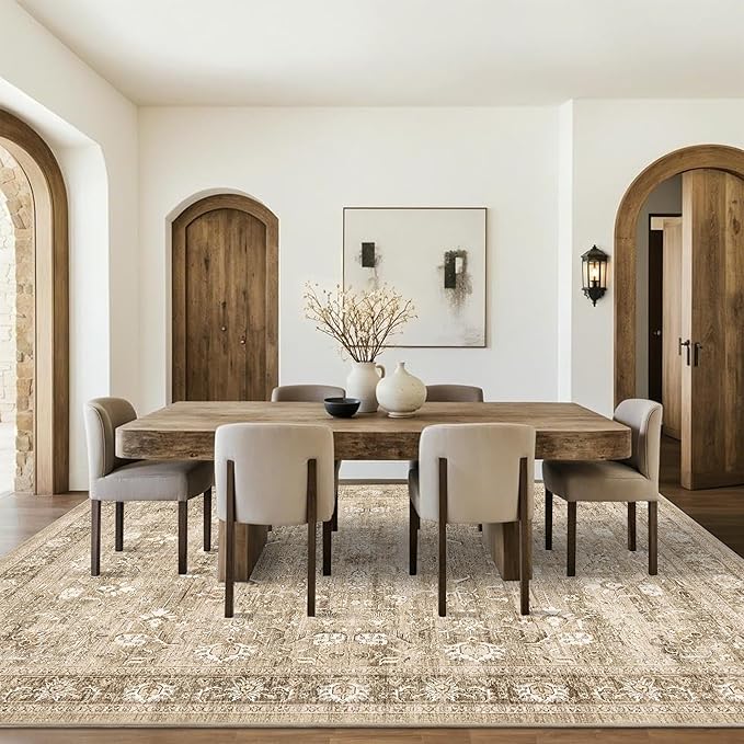 8x10 Beige Washable Area Rugs for Living Room Non Slip Low Pile Vintage Boho Throw Rug Khaki Soft Retro Distressed Floral Large Carpet Indoor for Bedroom Dining Room Office Kitchen Playroom