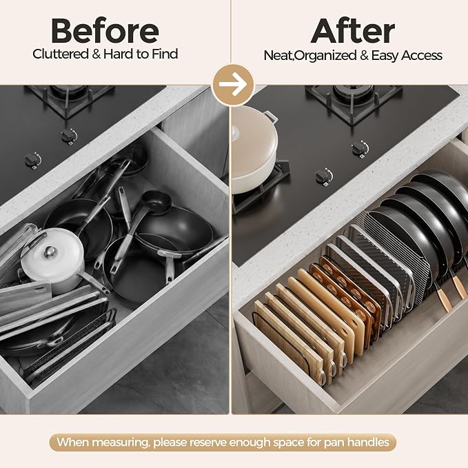 MUDEELA Expandable Cutting Board Organizer Pot Lids Rack 15 Dividers 1-Pack | Expandable Pots and Pans Organizer under Cabinet, 15 Adjustable Dividers, Fits Bakeware Cookie Sheet Baking Tray Muffin Tin