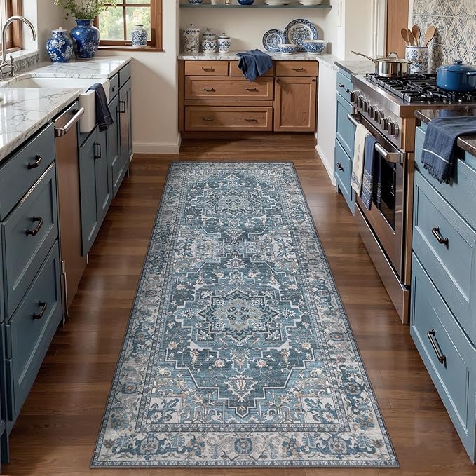 Tangsoo 2x6 Washable Runner Rug for Hallways, Non Slip Vintage Runner Rug, Soft Oriental Low Pile Long Rug Runner, Farmhouse Carpet Runners for Kitchen Bedroom Entryway Bathroom Living Room Blue Gray