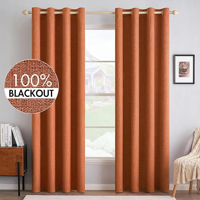 MIULEE 100% Blackout Linen Curtains for Bedroom Thermal Insulated Orange Grommet Room Darkening Curtains & Drapes Fall Decor for Living Room 52 x 84 Inch (2 Panels)