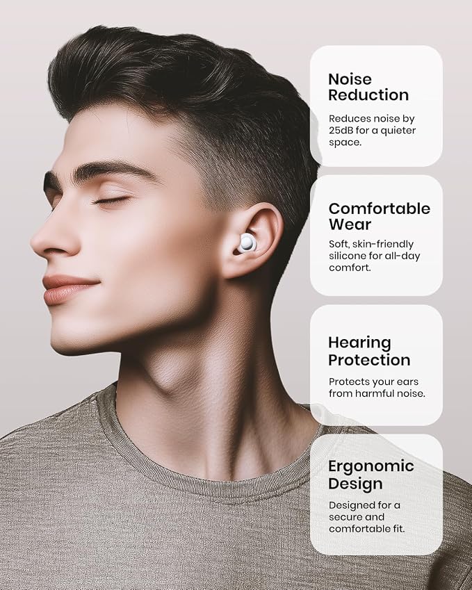 Ear Plugs for Sleeping Noise Cancelling, Reusable Silicone Ear Plugs for Noise Reduction with 8 Ear Tips, Earplugs for Sleep, Concerts, Travel, Snoring (White, One Size)