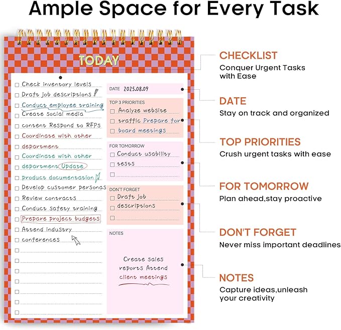 Taja To Do List Notepad - To Do List Notebook for Work with 52 Sheets, 9.8" x 6.5", Undated Daily Planner Perfect for Daily Tasks and Goal Setting, Notepad Suitable for Office, Home & School - Sunset Checkered