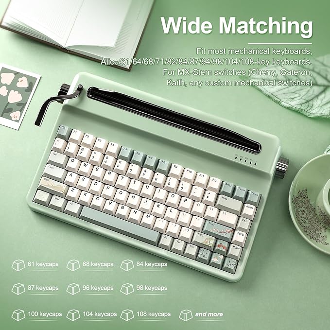 YUNZII Spring Tea Dye Sub PBT Keycaps,140 Full Keys Dye Sublimation PBT Custom Keycap Set with Key Puller for Cherry Gateron MX Switches Mechanical Gaming Keyboard (Cherry Profile, Spring Tea)