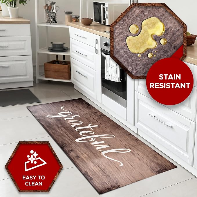 J&V TEXTILES Anti Fatigue Kitchen Runner Mat- 20" x 55" Oversized Long Non Slip PVC Rubber Kitchen Area Rug- Cushioned Comfort Mat With Foam Backing For Office Standing Desk Or Laundry Room [Grateful]