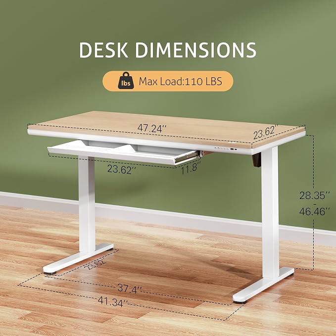 Furmax One-Piece Electric Standing Desk Height Adjustable Sit Stand Desk | with Drawers & USB Charging Port for Home Office Computer Desks (Bamboo Desktop, 48 Inch)