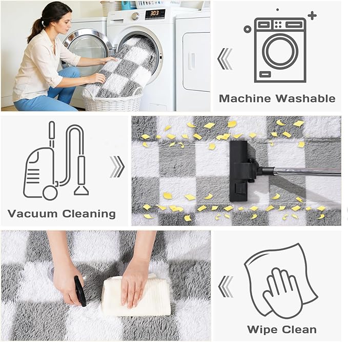 Area Rugs for Living Room Bedroom 9x12, Ultra Fluffy Shag Checkered Rug Modern Washable Carpet Soft Shaggy Non Slip Indoor Plush Fuzzy Rugs for Bedroom Dorm Office Home Aesthetic Decor, White & Grey