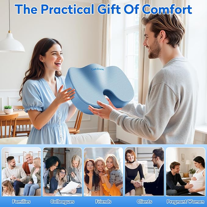CushZone Seat Cushion, Office Chair Cushions, Car Seat Cushion, Non-Slip Sciatica & Back Coccyx Tailbone Pain Relief Chair Pad, Memory Foamr (Large,Light Blue)