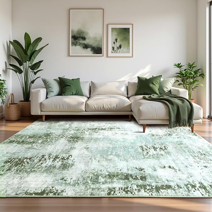 Macgace Washable Abstract Rug, 5x7 Modern Area Rugs with Non-Slip Rubber Backed for Living Room, Thin but Soft Contemporary Carpet Kitchen Bedroom Dining Room Decor, Green