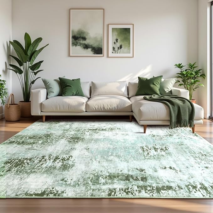 Macgace Washable Abstract Rug, 3x5 Modern Area Rugs with Non-Slip Rubber Backed for Bedroom, Thin but Soft Contemporary Carpet Kitchen Living Room Decor, Green