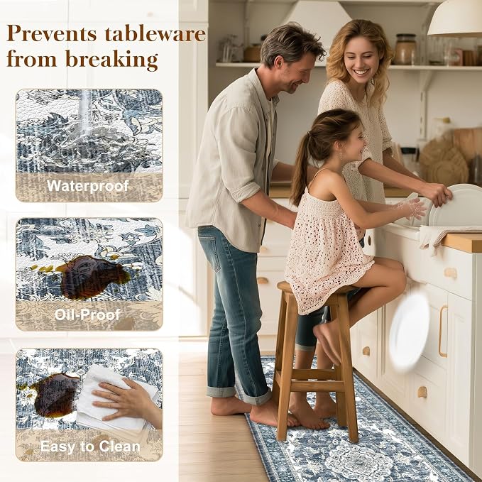 Boho Kitchen Mats for Floor 2 Piece Set Anti Fatigue Cushioned PVC Kitchen Rugs Non Slip Waterproof Farmhouse Mats 2/5 Inch Comfort Standing Mat for Sink, Laundry, 23.6"x39"+23.6"x59", Dark Blue