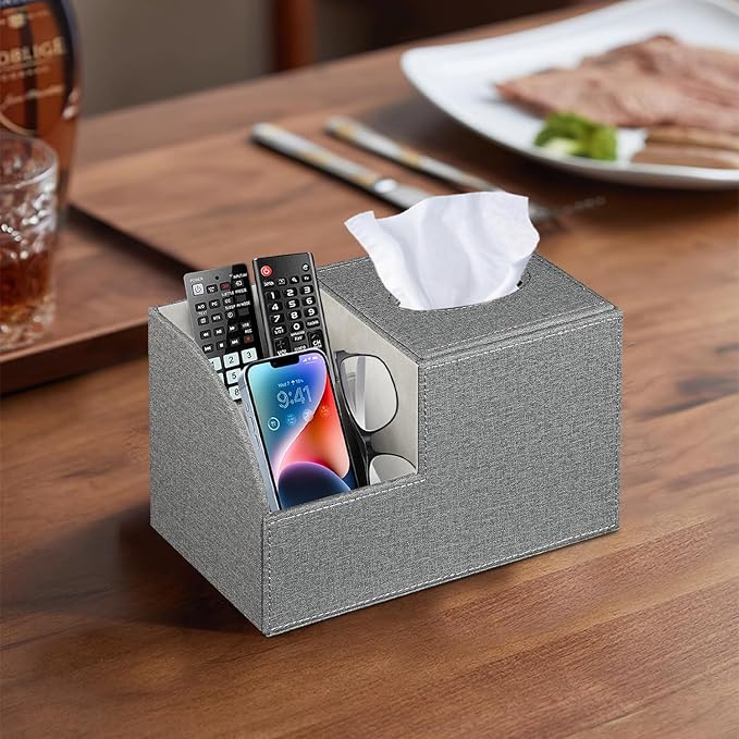 PU Leather Square Tissue Box Cover,Multi-Functional Tissue Cube Box Holder | Facial Tissue Box Cover with Storage,Tissue and Remote Control Holder,Cube Tissue Box Organizer Bedroom,Nightstand,End Table