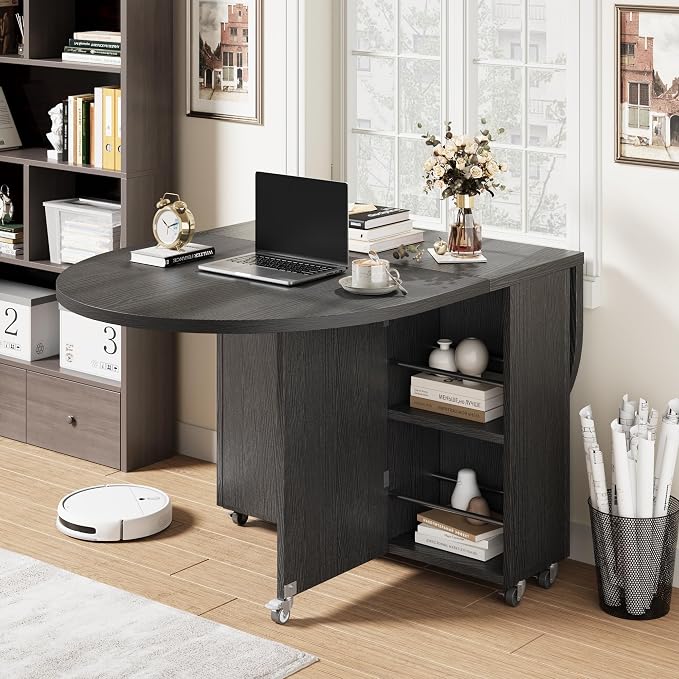 Jocoevol Round Folding Dining Table for 4, Space Saving Drop Leaf Kitchen Table with Storage Drawer, 6 Wheels Oval Gateleg Foldable Dining Table for Small Spaces(Black 47 * 23.6 * 30)