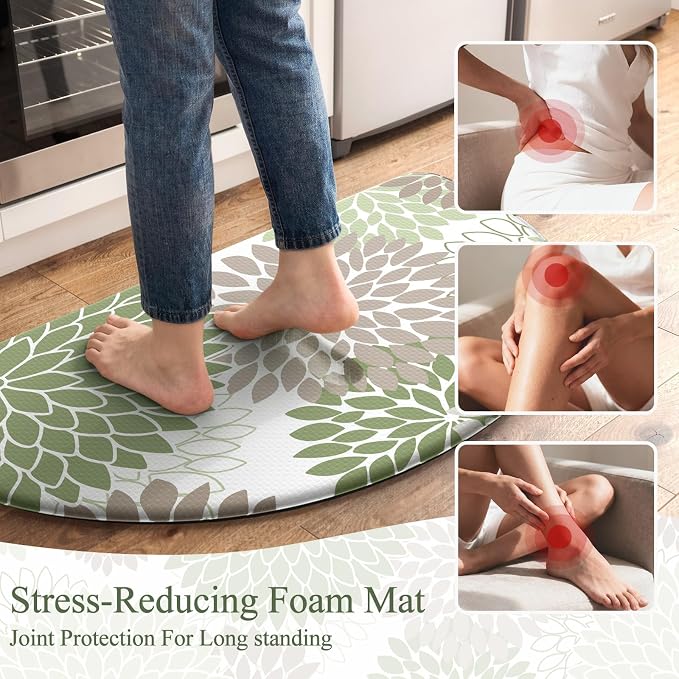 KIMODE Half Circle Anti Fatigue Mats for Kitchen Floor Kitchen Mats 2PCS | 18"x28+18"x28",Sage Green,Dahlia Floral Boho,Kitchen Rug Sets of 2,Non Slip,Waterproof,for Sink Office Laundry Bathroom Decor