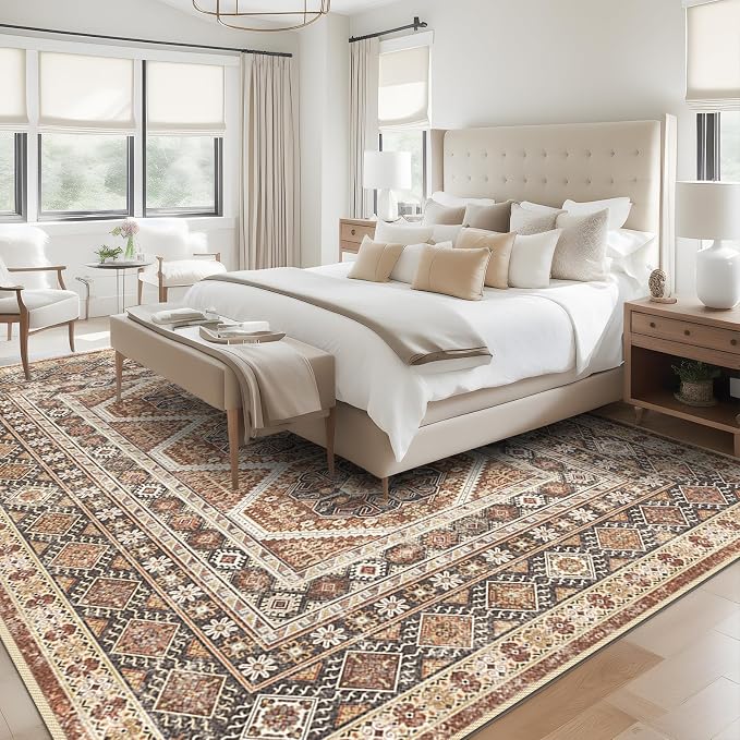 Large Rugs for Living Room: 10x14 Area Rugs Farmhouse Indoor Machine Washable Rug Non-Slip with Rubber Backed Oriental Carpets 10x14 Brick