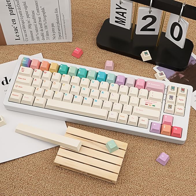 Minimalist White PBT Keycaps, 150 Keys Cute Macaron Theme Keycap, Cherry Profile Dye-Sublimation Colorful Keycaps for 61/64/68/84/87/100/104/108 Cherry MX Mechanical Keyboards