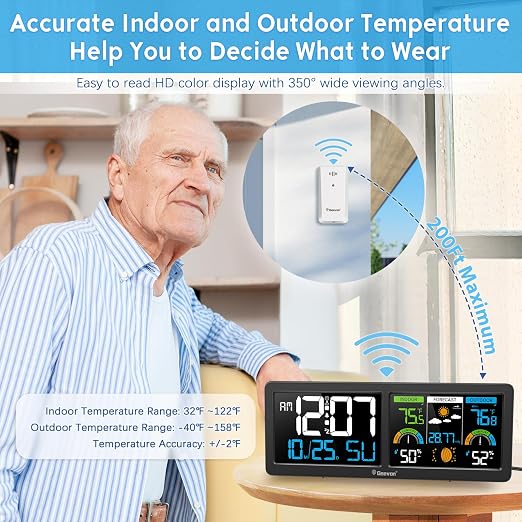 Geevon Weather Stations Wireless Indoor Outdoor Thermometer with Atomic Clock, HD Color Display Digital Temperature Humidity Monitor with Barometer, Comfort Indicator, and Adjustable Backlight