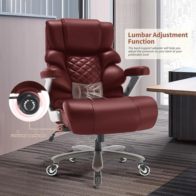 VUZI 700lbs Big and Tall Office Chair, Large Executive Leather Desk Chair | Adjustable Lumbar Support for Back Pain, Plus Size Wheels, 3D Flip Arms, Heavy Duty Metal Base, Wide Seat Computer Chair