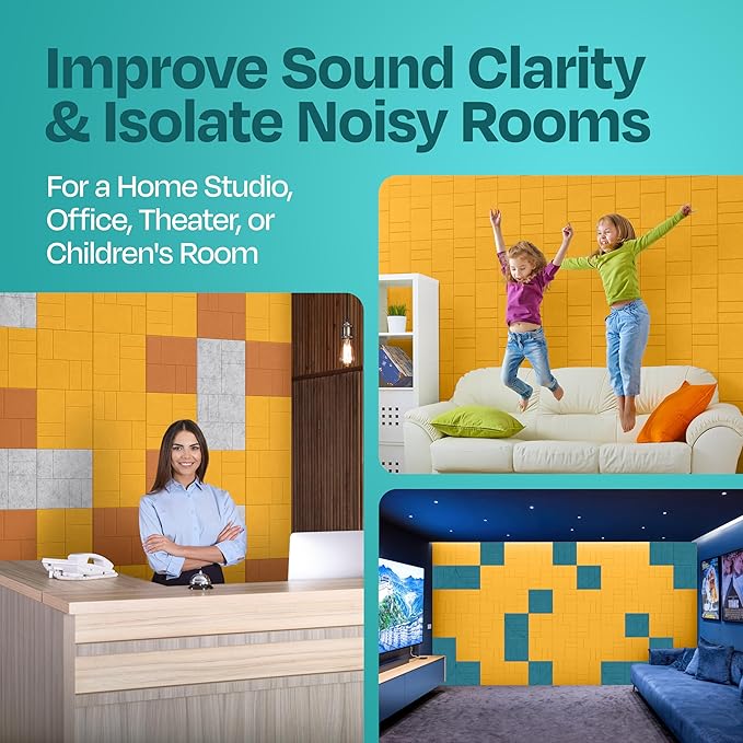 Acoustic Panels 12-Pack Soundproof Wall Panels 12"x12"x0.4" Decorative Sound Dampening for Your Home, Office, Studio, Bedroom & More with Unique GridFrame Carving [Yellow Orange Gold]