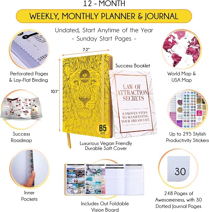 Deluxe Weekly and Monthly Planner | Law of Attraction Planner with Productivity App | 12-Month for Productivity, Gratitude & Goal Setting | Includes Foldable Vision Board, Gift Box & Stickers