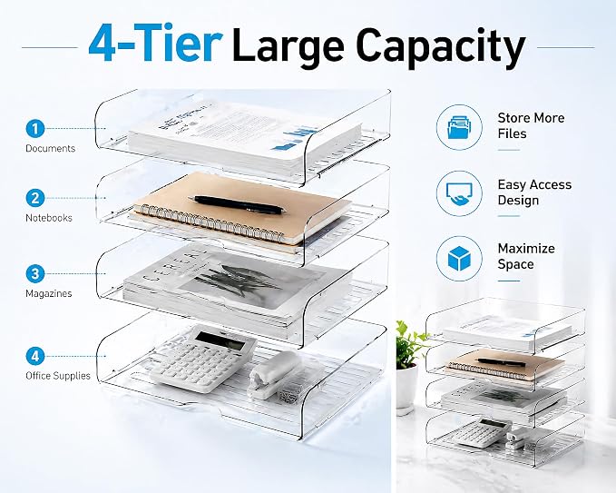 DCA 4 Tier Clear Desk Organizer Letter Tray with 3 Multi-Use Modular Panels | Transparent Desktop System | Modular & Expandable | Office, Home & School