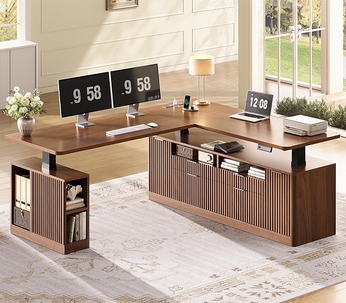 SEDETA L Shaped Electric Standing Desk, 69" x 55"Height Adjustable Office Executive Desk with 4 Drawers and Storage Shelves, Fluted Sit Stand Computer Desk with Power Outlet for Home Office