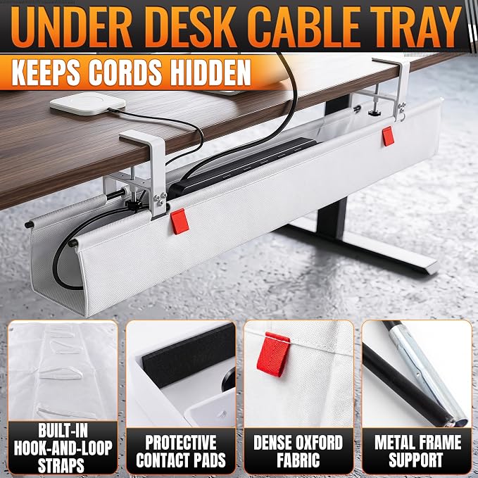 Under Desk Cable Management Tray 36" — No Drill Clamp-On Cord Organizer for Desk with Built-in Ties, Heavy Duty Metal Clamp, Foldable 600D Oxford Fabric for Home Office, WFH & Gaming PC Setup (White)