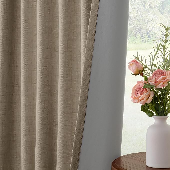 INOVADAY 100% Blackout Curtains for Bedroom, Black Out Curtains 96 Inch Long, Clip Rings Linen Blackout Drapes, Thermal Insulated Room Darkening for Living Room, 2 Panels - Burlywood Birch,W50xL96