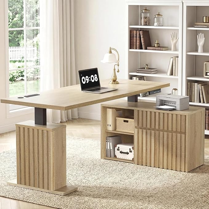 67" L Shaped Standing Desk with Drawers, Electric Height Adjustable Corner Desk, Sit Stand Office Desk with 4 AC Outlets & Type C Port, Executive Computer Desk with Cabinet, Natural