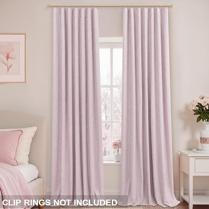 KOUFALL 52x108 Inches Long Pink Back Tab Linen Blackout Curtains for Living Room