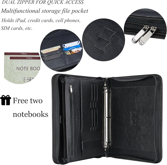 Zippered Padfolio Binder, Faux Leather Organizer with 3-Ring Binder, Left-Handed Design, Business Card Slots & Document Folders - Professional Padfolio for Office (Black)