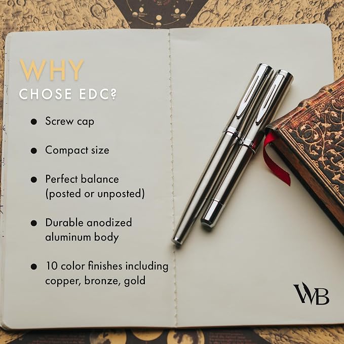 Wordsworth and Black Fountain Pen Mini EDC: Luxury Silver Heavy Pocket Pen, Chrome Finish, Medium Nib, 6 Ink Cartridges, Ink Converter, Travel Refillable Writing Pen Gift Set, Men & Women