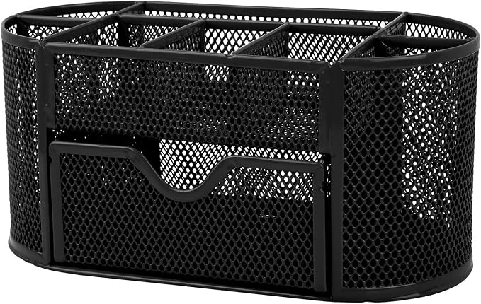 GPCT Office School Home/Teacher Supplies Mesh Desk Pen Organizer. Comes W/ 4 Pencil Cups For Highlighters/Pens/Sharpie, 4 Square Compartments For Paper Clips/Sticky Notes & 1 Supply Drawer- Black
