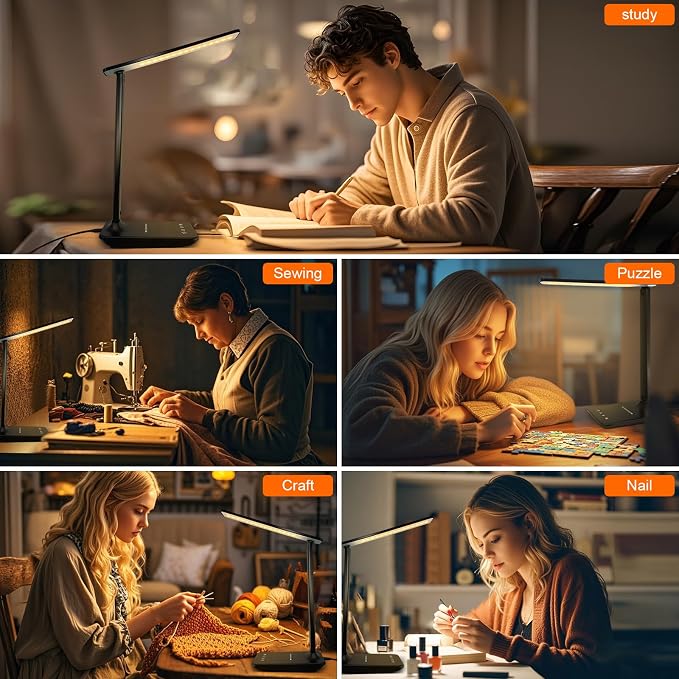 shinelife LED Desk Lamp for Office Home, Bright Desk Light with USB Charging Port, Adjustable Dimmable Desk Lamps 5 Modes 5 Brightness, Touch Study Lamp for Nail, Craft, Puzzle, Sewing, Study, Black