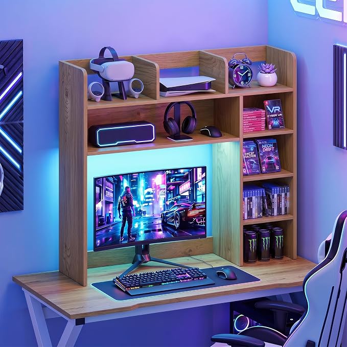 Tangkula Desktop Bookshelf with LED Lights, Desk Hutch with 8 Shelves for Max 25" Monitor, Desktop 5-Tier Display Rack, Multipurpose Wood Desktop Storage Hutch Organizer for Dorm Office Home (Natural)