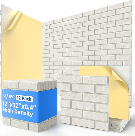 12 Pack Acoustic Panels with Self Adhesive, 12" X 12" X 0.4" High Density Sound Proof Foam Panels for Walls, Soundproof Wall Panels, Brick Sound Absorbing Panels for Home Studio Office Decor Ivory Tan