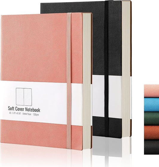 AHGXG Dotted Grid Journal 2 Pack - A5 Dot Grid Notebook Softcover, Medium 5.75'' × 8.38'', 320 Numbered Pages, 120gsm Thick Dotted Paper, Soft Leather Cover, Black Pink