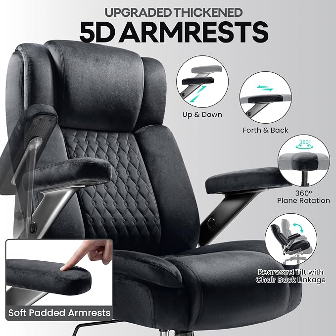 Fabric 700LBS Large Heavy Duty Office Chair with 5D Flip Arms, Big and Tall Cloth Office Chair,High Back Computer Executive Desk Chair with Adjustable Lumbar Support,Dual Rubber Wheel(Black)