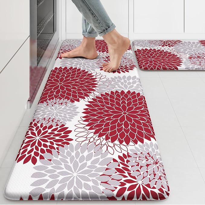 KIMODE Anti Fatigue Kitchen Mats for Floor 2PCS Cushioned Standing Mats | 17"x47"+17"x29",Dahlia Floral,Red, Farmhouse Floor Mats set of 2,Non Slip,Waterproof,Comfort Mat for Sink Office Laundry home