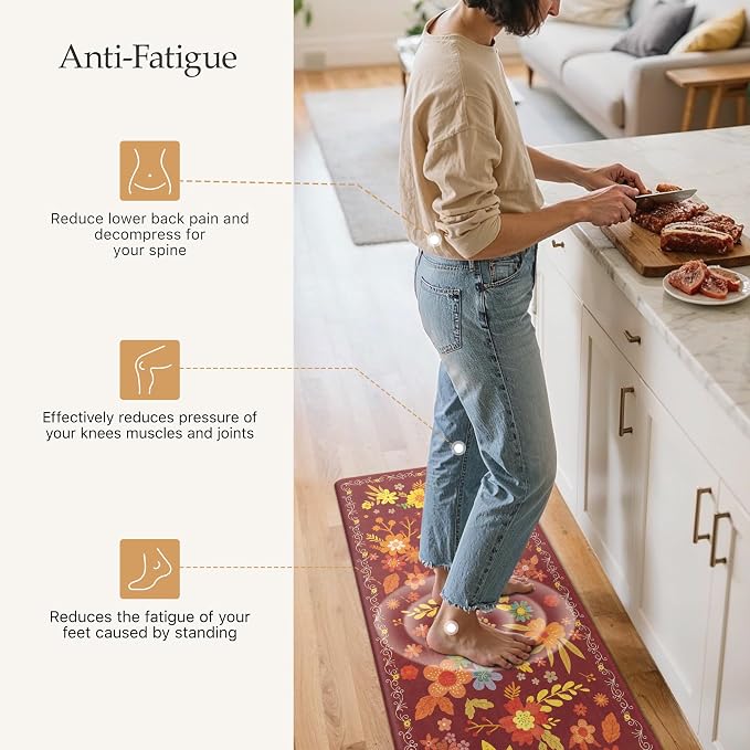 GENIMO Anti Fatigue Kitchen Mats for Floor 2PCS, Cushioned Standing Mats | 17.3"x47"&17.3"x30", Red vintage floral rug set, waterproof, non slip, easy-clean for farmhouse
