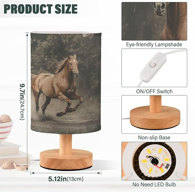 Table Lamp Horse Running in Woodland Nightstand Lamp with Wood Base Fabric Lamp Shade Bedside Desk Lamp for Living Room Bedroom Kids Room Office