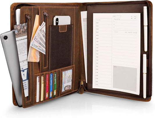 Full Grain Leather Portfolio with Zipper, Professional Business Organizer for Men Women, Executive Resume Folder with A4 Notepad Holder, Card Slots, Pen Loop, 10x13'', Luxury Gift Set