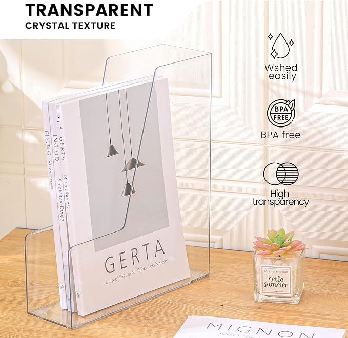 CiWiVOKi Vertical File Holder, Clear PET Desk Organizer and Storage Bins Holding for Magazines, Binders, Notebooks, Envelopes, Multi-purpose Plastic Document Organizer for Home Office, 4 pack