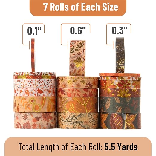Mr. Pen- Washi Tape Set, 21 Rolls, Assorted Sizes, Autumn Leaves | 5.5 Yards/Roll, Washi Tape for Scrapbook, Arts, Crafts, Journals and Planners