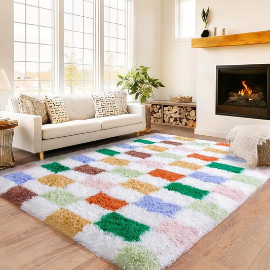 Checkered Rug 4x6 for Bedroom, Ultra Fluffy Shag Area Rugs for Living Room, Upgrade Anti-Skid High Pile Soft Rug Fuzzy Carpet for Bedroom Kids Room Nursery, Dorm Home Decor, Green and Orange Colorful