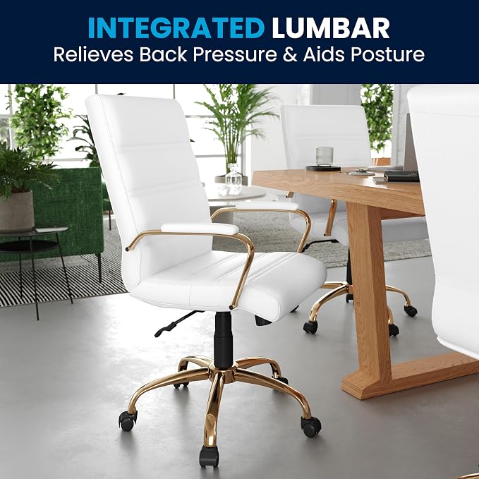 Flash Furniture Whitney Mid-Back Swivel LeatherSoft Desk Chair with Padded Seat and Armrests, Adjustable Height Padded Office Chair, White/Gold