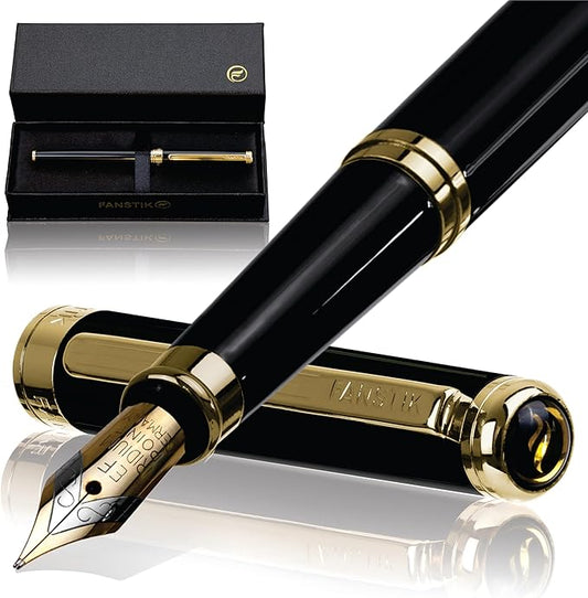 Black & Gold Luxury fountain pen, fancy gift set for women, Real 24K Gold Plating, Professional executive pen gift set for men (Lux fountain Black-Gold)