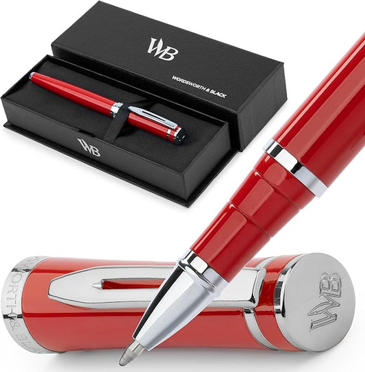 Wordsworth and Black Rollerball Pen - Luxury Pen - Chrome Finish, Red Lacquer, Ink Refill, Refillable, Gift for Men & Women, Professional Writing, Nice and Fancy Pens and for Work